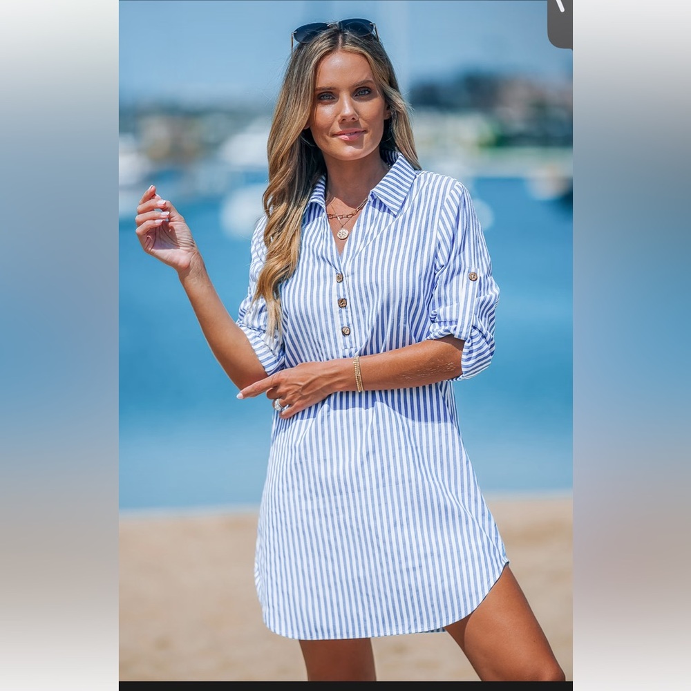 Blue and White Striped V-Neck Mini Dress